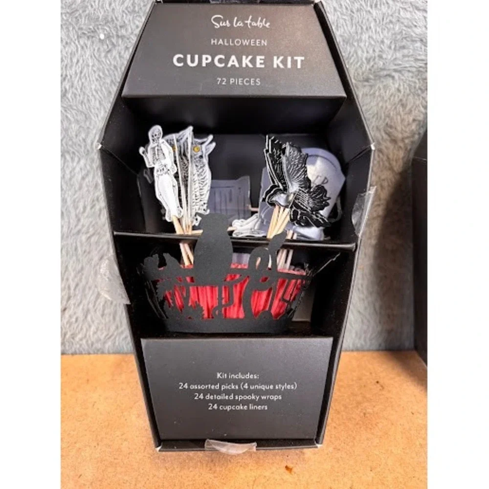 Sur La Table Halloween Cupcake Kit 72 Piece Coffin Box Spooky Picks Wraps Liners